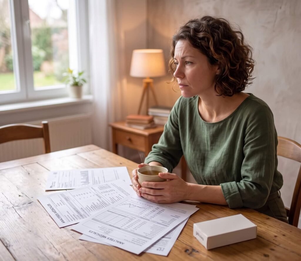 Femme découragée face à l'errance médicale, aux examens inconclusifs et au manque de diagnostic pour ses troubles digestifs chroniques et son intestin irritable