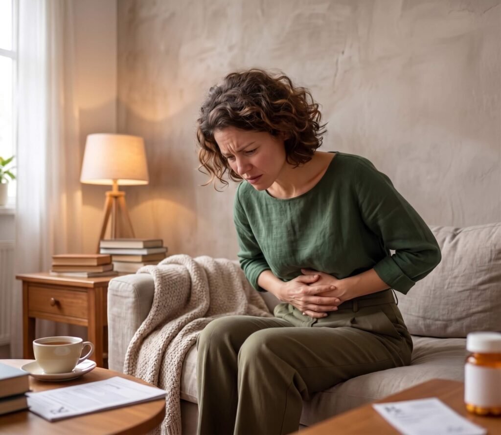 Femme assise souffrant d'un mal au ventre intense et de douleurs abdominales liées au syndrome de l'intestin irritable.